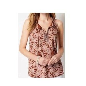 J. Jill Bellissima Tassel Tie Shirt Top Brown Pink Palm Trees Size XL Boxy